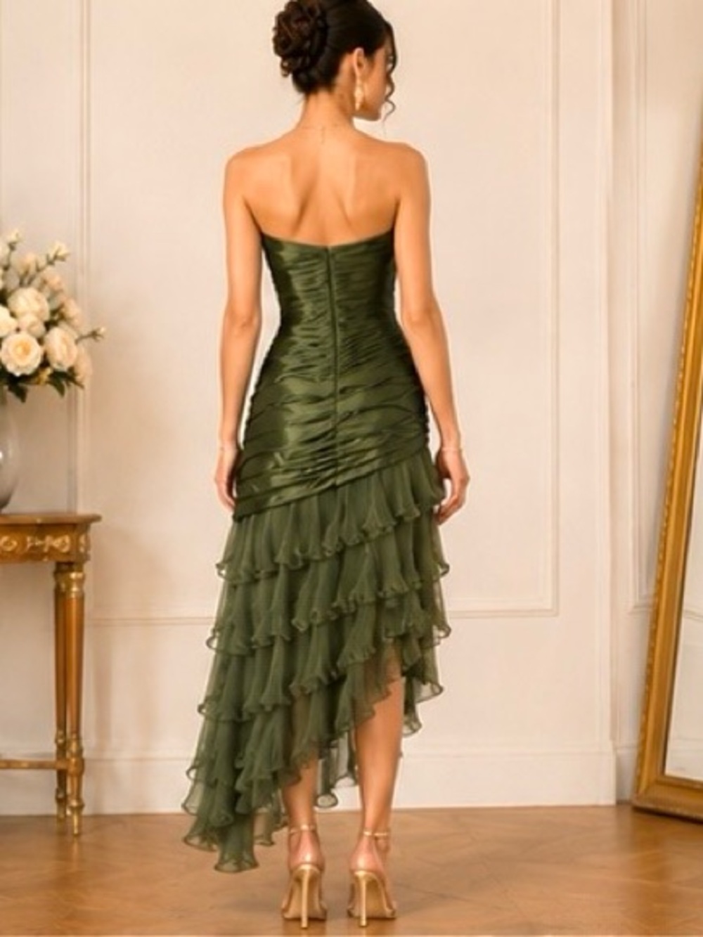 Strapless Olive Ruched Ruffle High-Low Dress - Picture 4 of 14